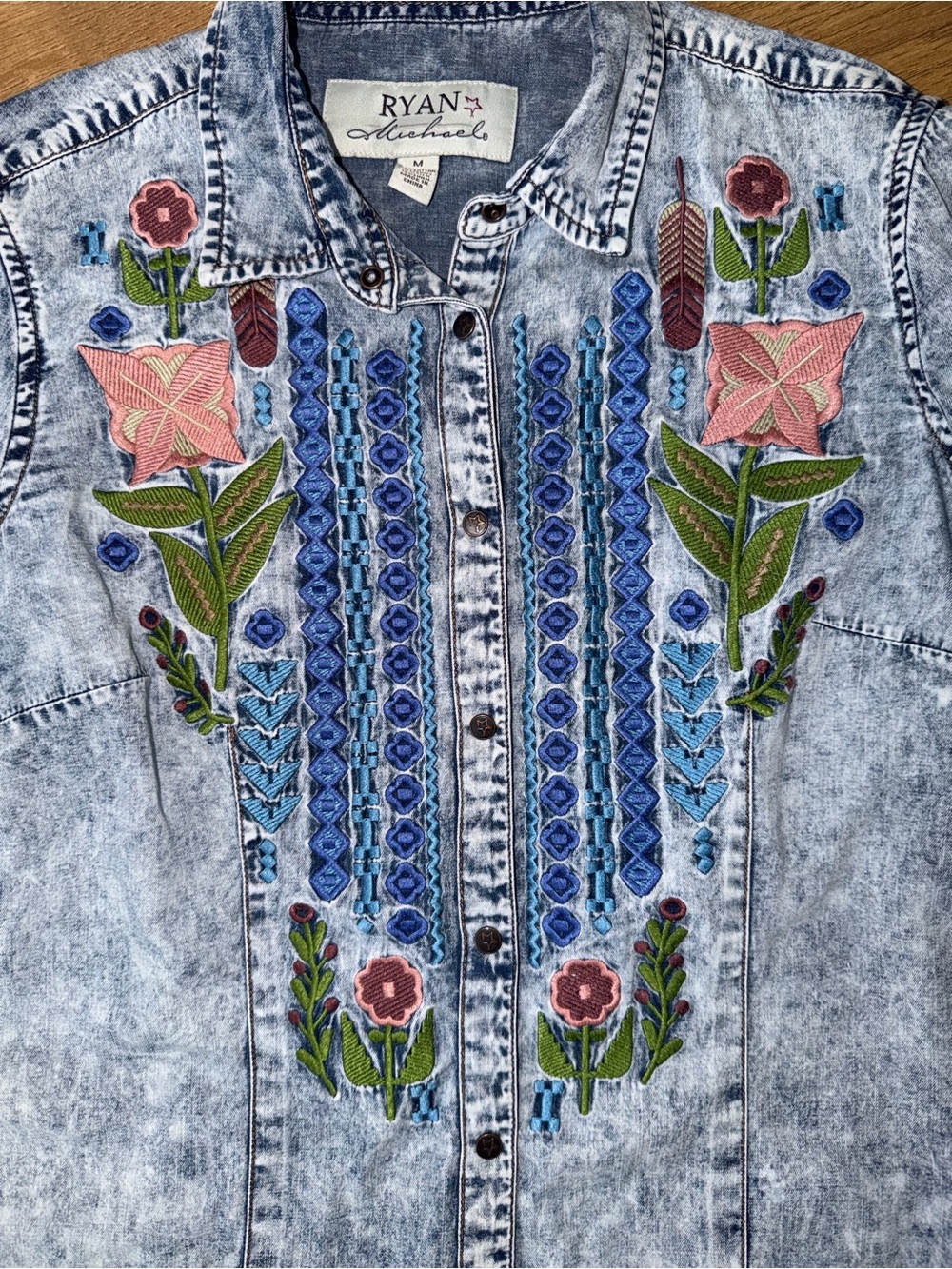 Ryan Michael Indigo Floral Embroidered Acid-Wash Grey Denim Snap Button Shirt - Picture 15 of 16